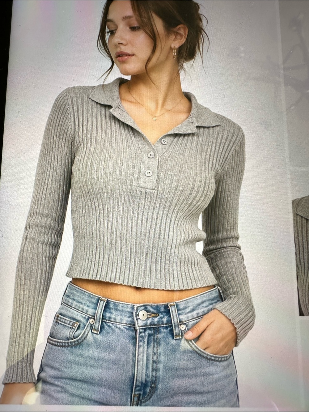 BRANDY *MELVILLE GRAY RIBBED KNIT POLO LONG SLEEVE CROPPED TOP